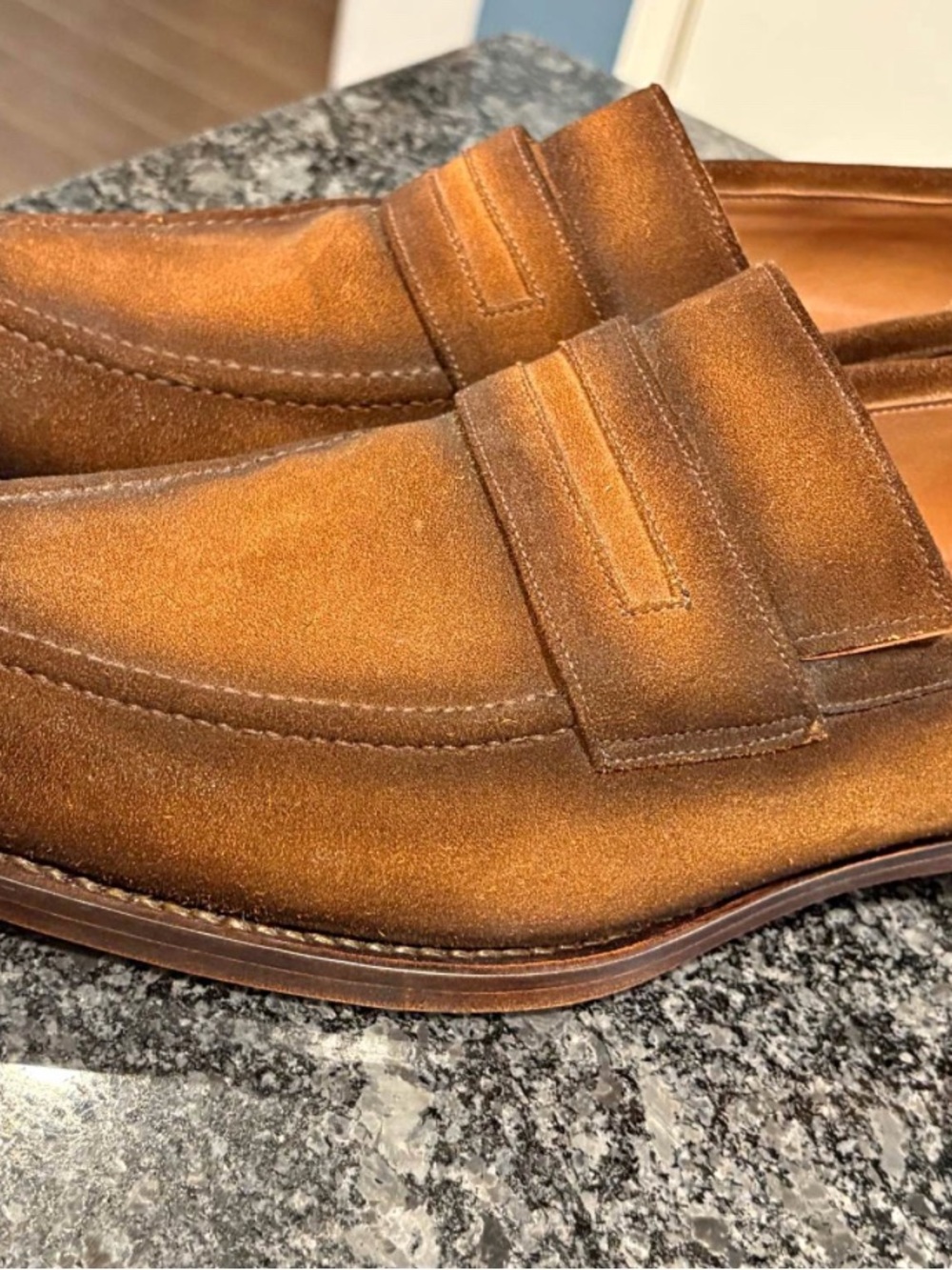 PAUL PARKMAN Suede Penny Loafers in Chestnut Tan